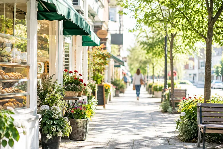 Rue commerçante ensoleillée avec boutiques indépendantes et auvents verts au petit matin